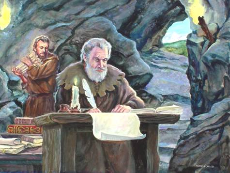 Pintura por Joe Maniscalco de personas leyendo la Biblia o escudriñando otros escritos relevantes en una cueva, escondiéndose de las autoridades eclesiásticas católicas romanas. 