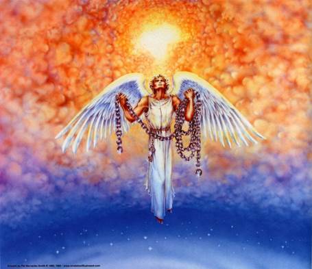 Pintura artística por Pat Marvenko del ángel que baja del cielo con una gran cadena para atar a Satanás en el abismo por mil años, o sea, el Milenio. 692 x 558 menos .1 equivale a 623 x 502