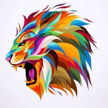 La representación artística abstracta de la cabeza de un león con la boca abierta en grande, su pelo de múltiples colores brillantes, ilustración para el rol de Lucifer-Satanás como león rugiente.