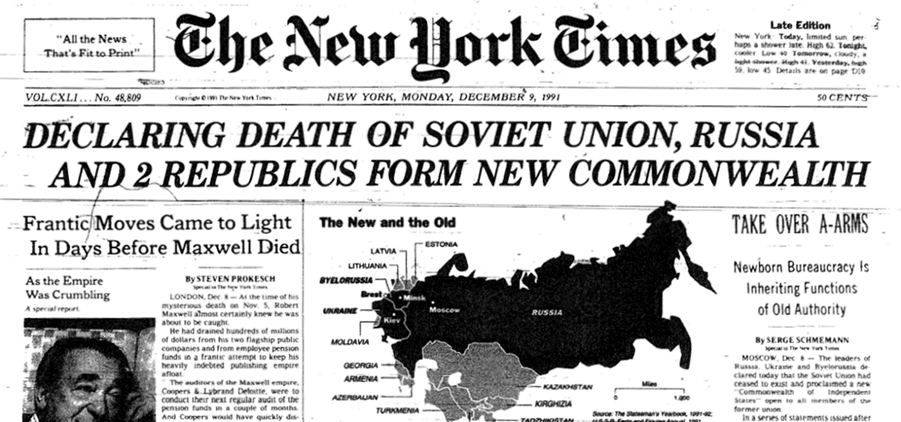 New York Times de 9 de diciembre de 1991 anuncia la caída de la Unión de Repúblicas Sociales Soviéticas.