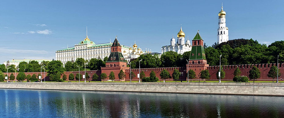 A panoramic from the river toward the Kremlin, Moscos, Russia, illustrates The Sign of the Seventh King-Mountain-Kingdom of Revelation.